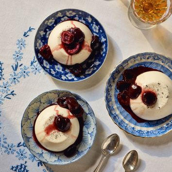 Panna cotta with cherries poached in pastis
